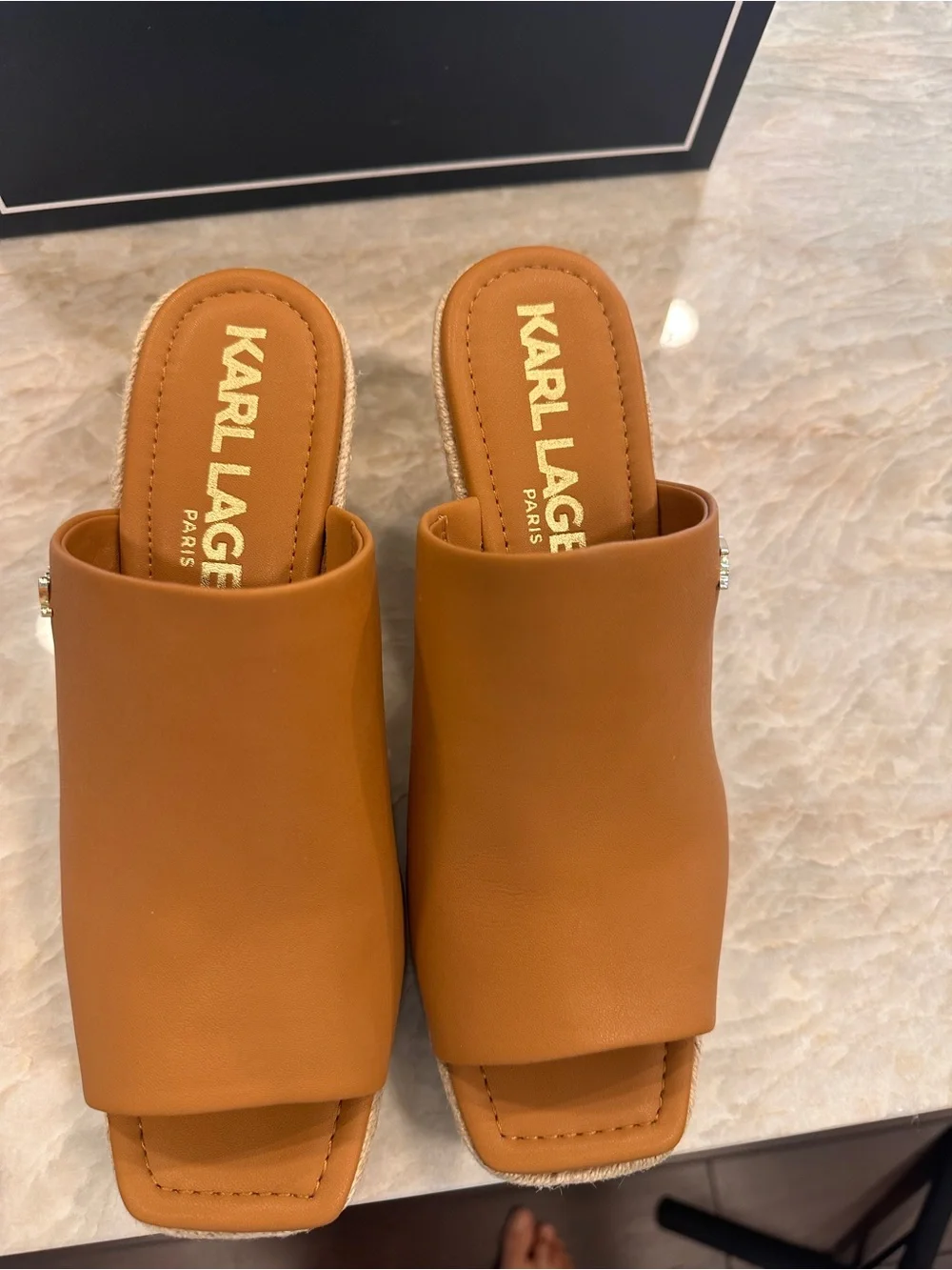 Karl Lagerfeld Cognac Leather Espadrille Wedge Mules